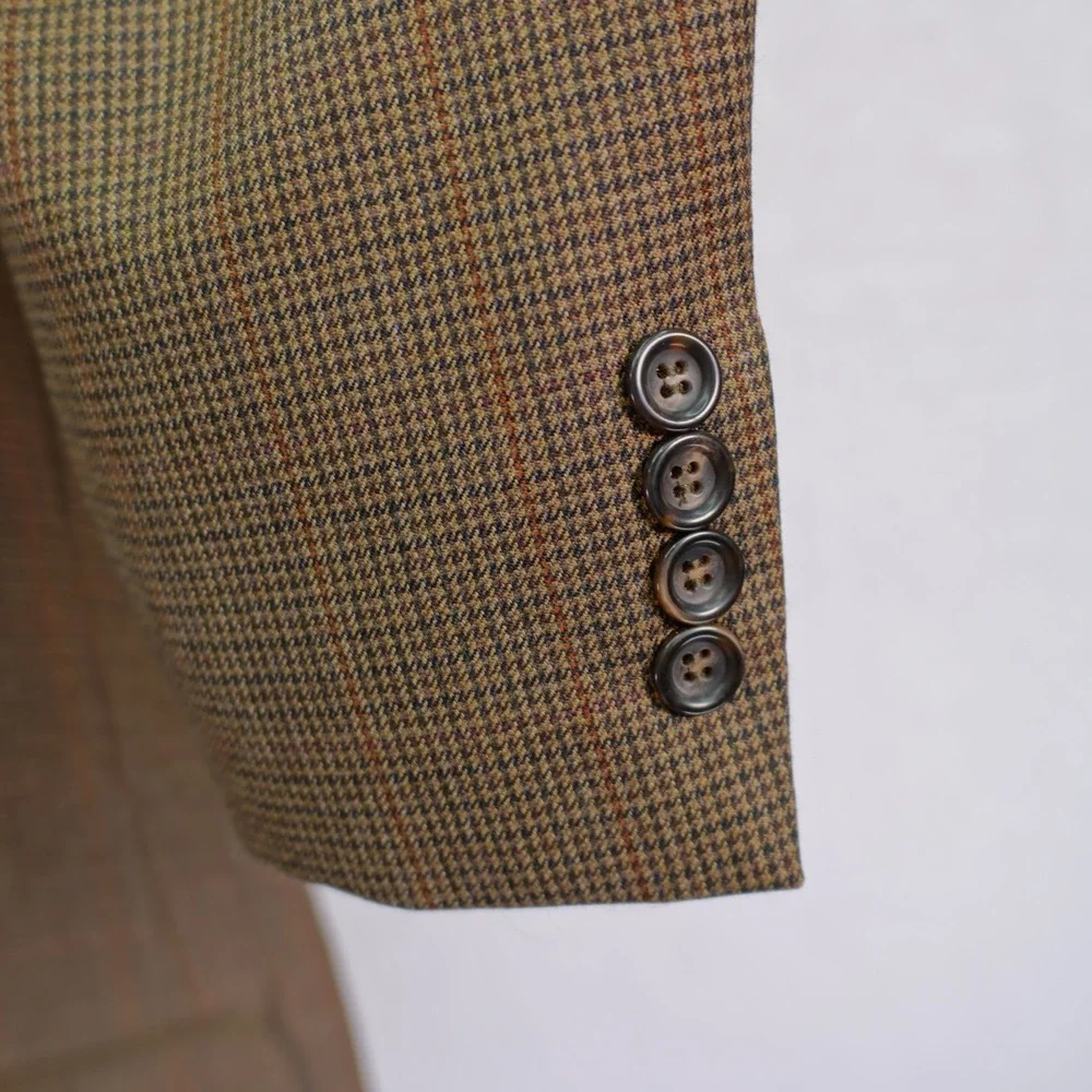 Pronto Uomo Wool Brown Tan Houndstooth W/ Red Orange‎ Winowpane 44R Sport Coat